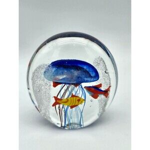 Art Glass Jellyfish Aquarium Paperweight Tropical Glow In Dark UV Light 3.5"